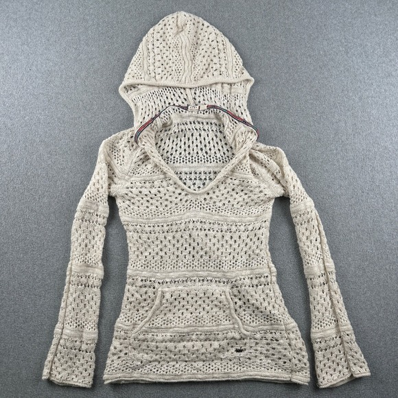 Roxy Tops - Roxy Sweater Womens L Hoodie Cream Crochet Open Knit Beach Boho V-Neck Pullover